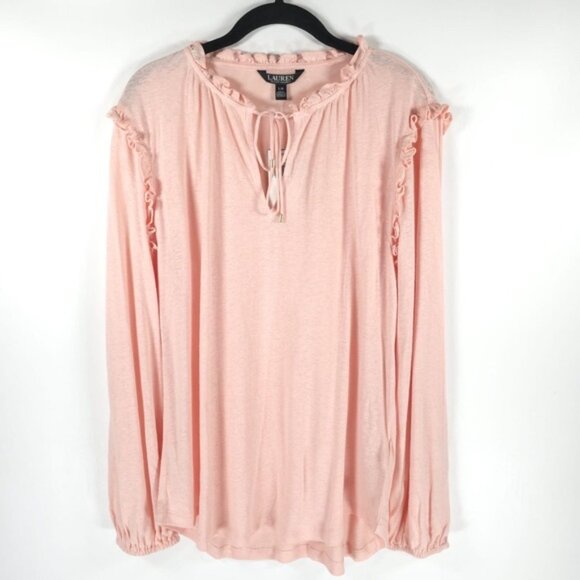 NWT LAUREN RALPH LAUREN BLACK LABEL LINEN Blend Ruffle Neck Top Keyhole Neck LG - Picture 13 of 15